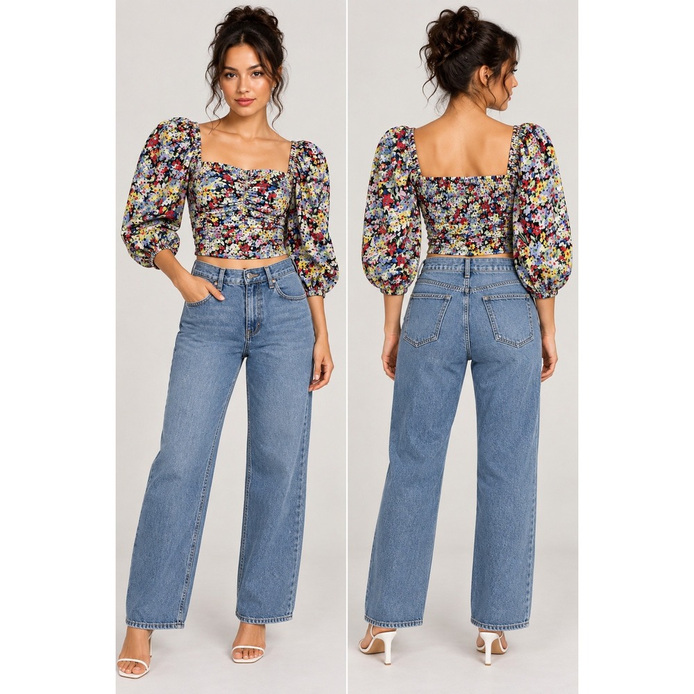 Zara Floral Puff Sleeve Ruched Smocked Crop Top Multi Color Size S 8036/420/050
